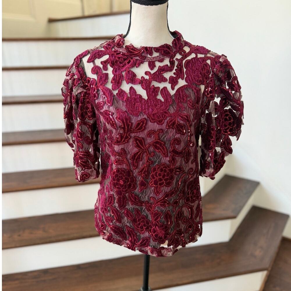 Anthropologie Burgundy Velvet Sequin Puff Sleeve Bow Blouse Whimsygoth Fairy